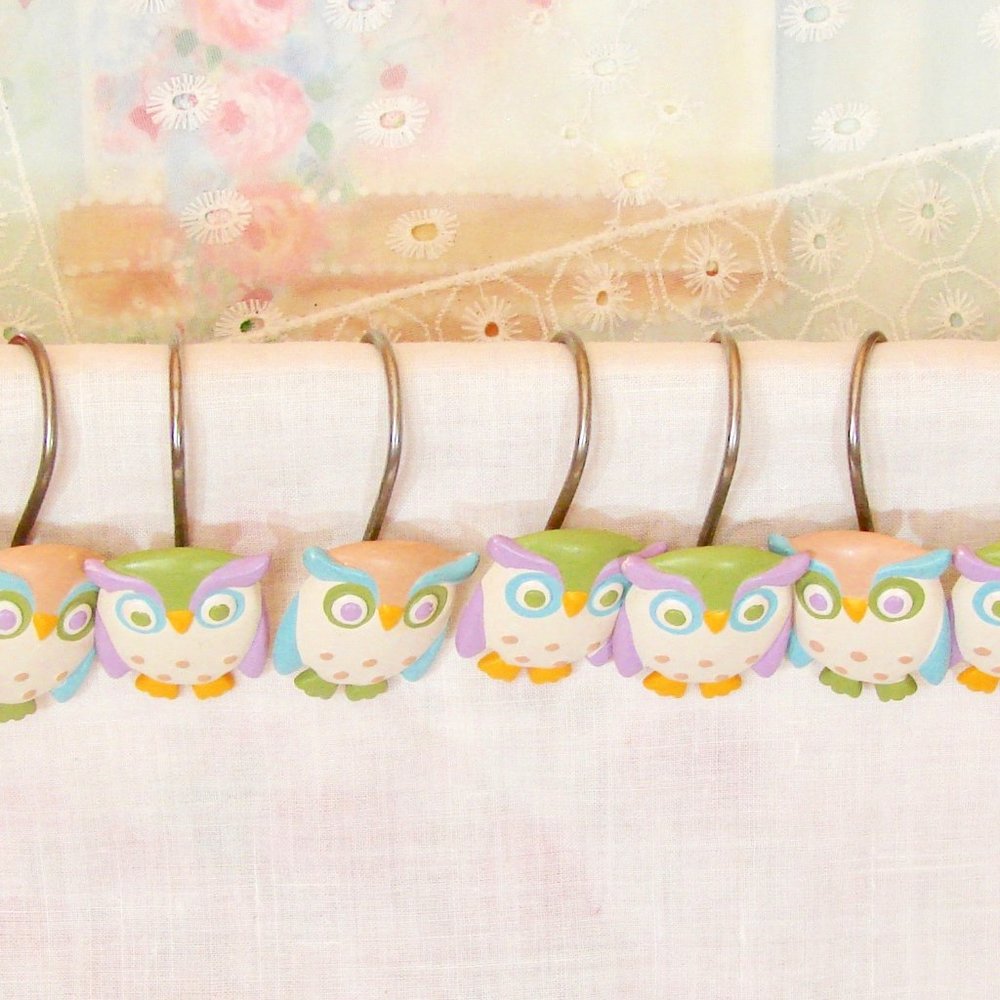 Boho Vintage Owl Shower Curtain Hooks, Rings, Complete Set